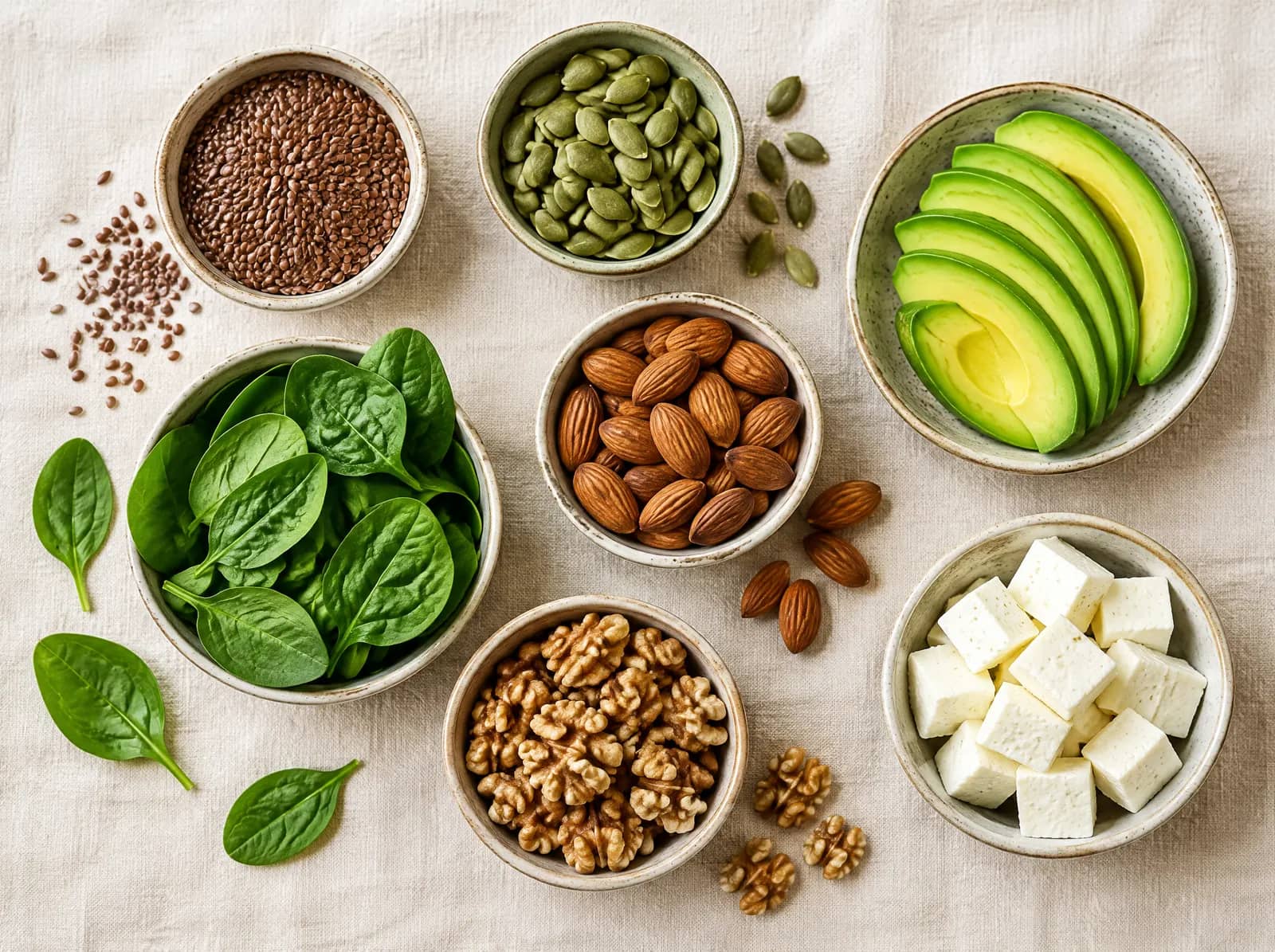 Seeds, nuts, avocado, spinach and paneer in small bowls