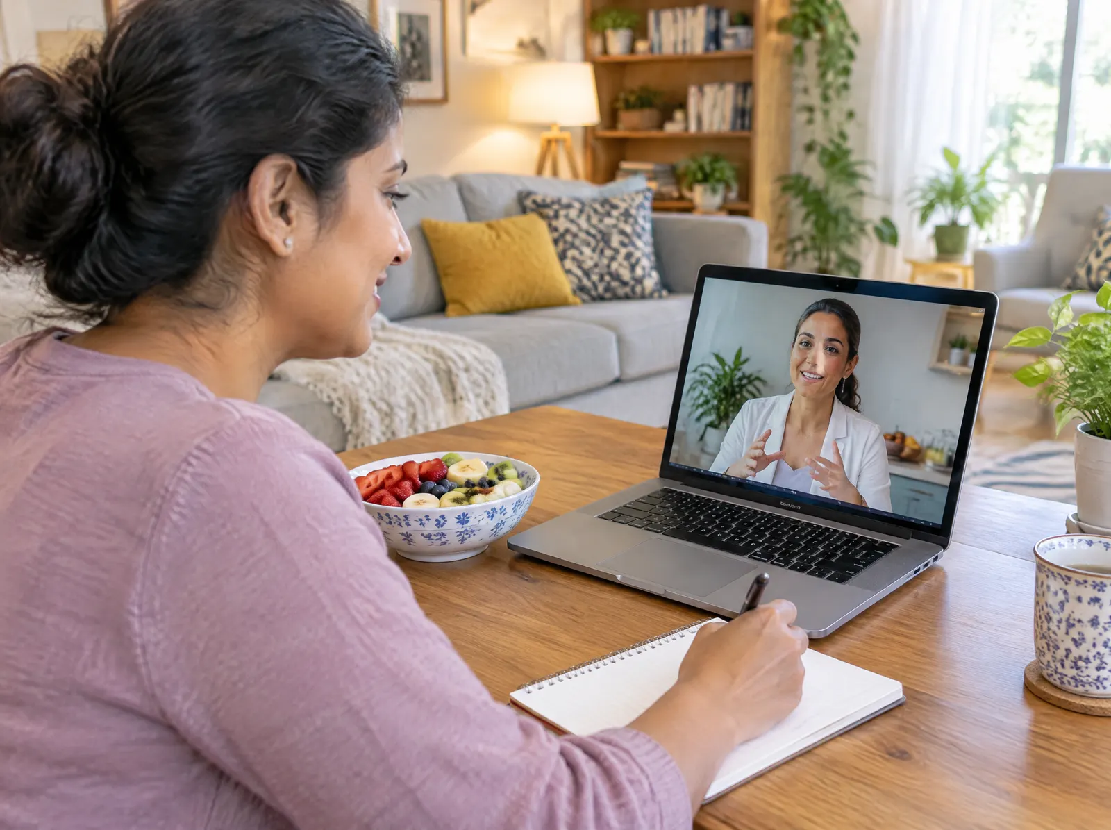 A member on a video call with her nutrition coach