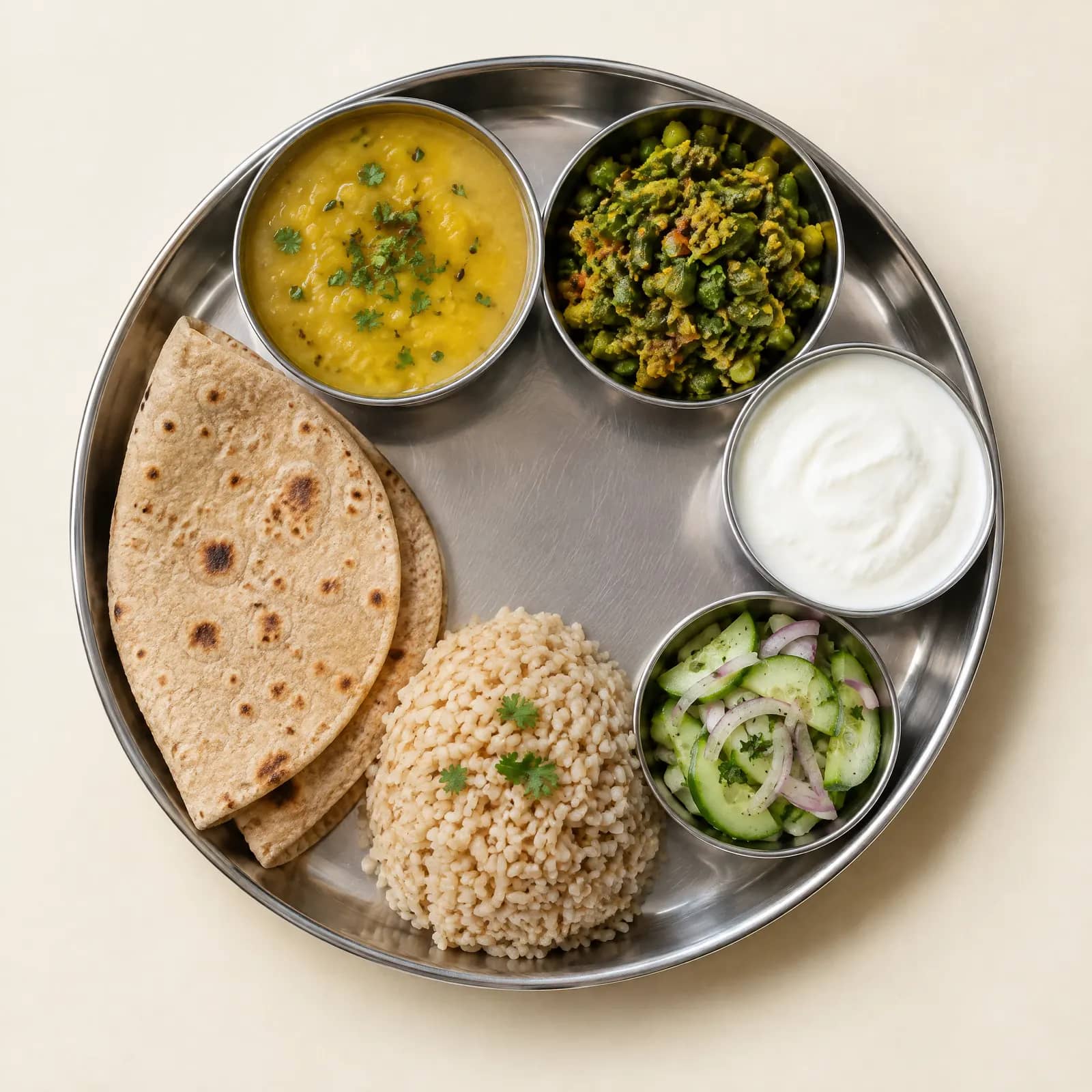 Overhead view of a portioned Indian thali