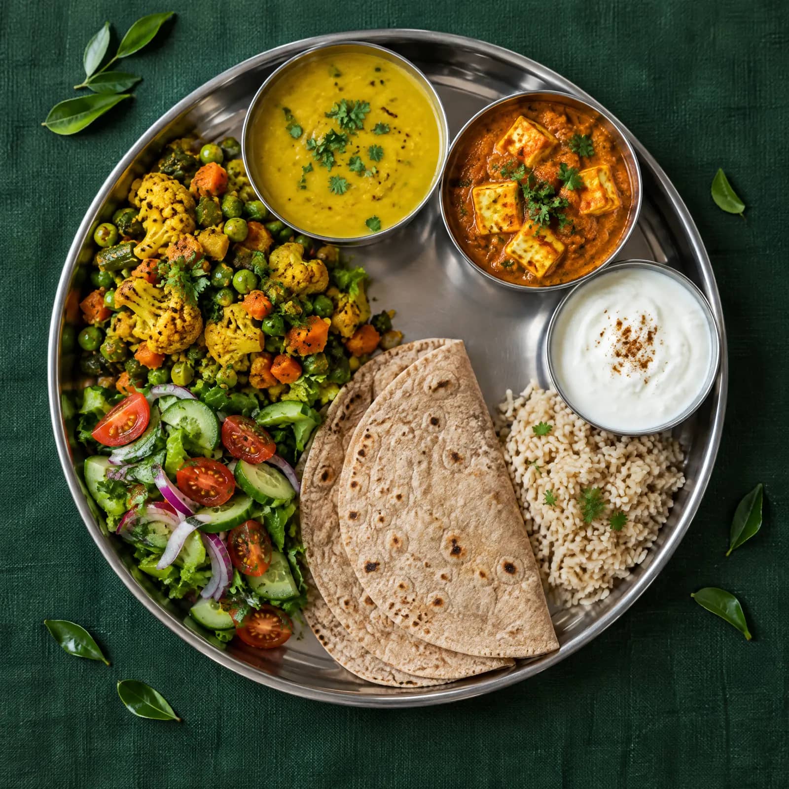 A balanced Indian thali: sabzi and salad, moong dal, paneer, rotis, brown rice and curd