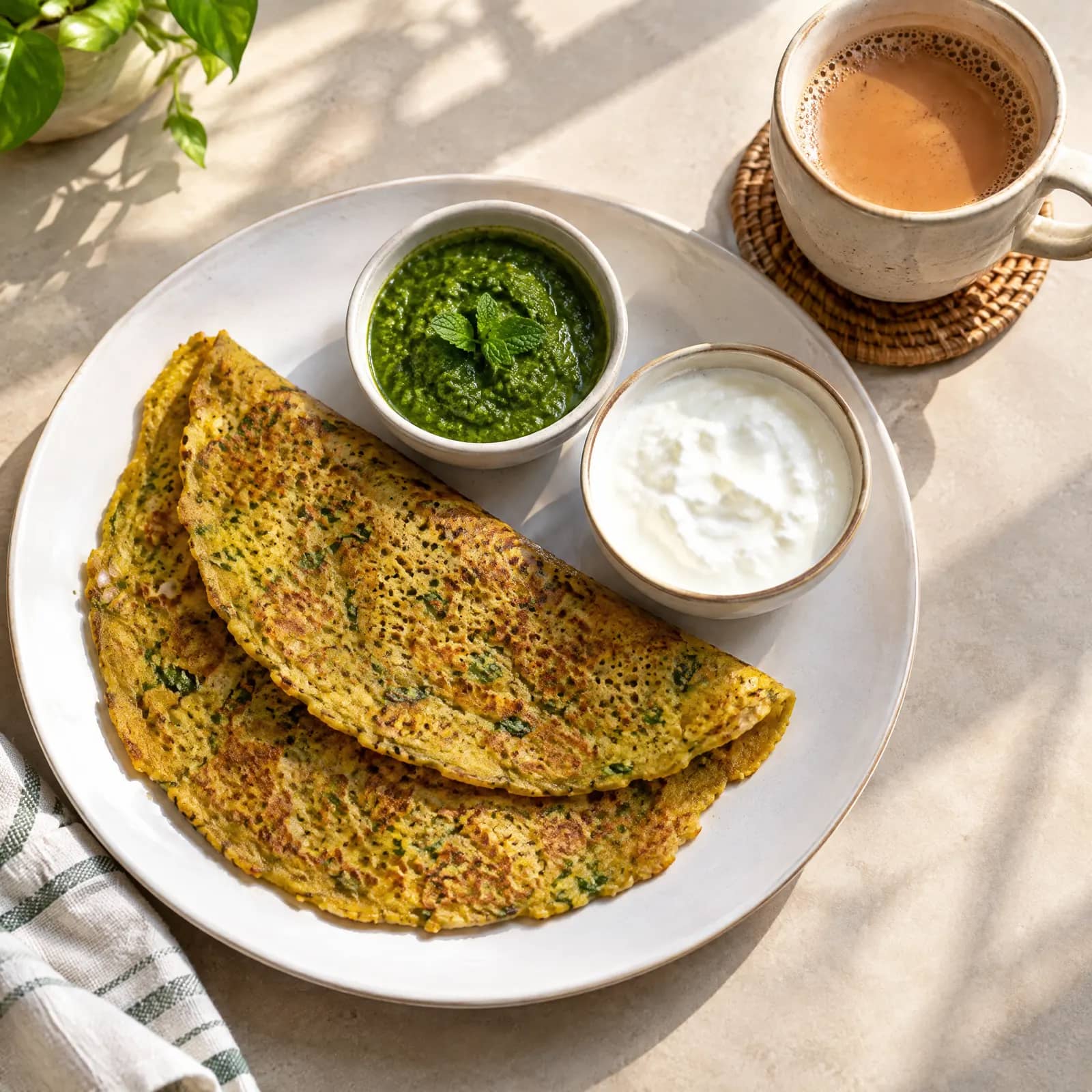 Moong dal chilla, mint chutney, curd