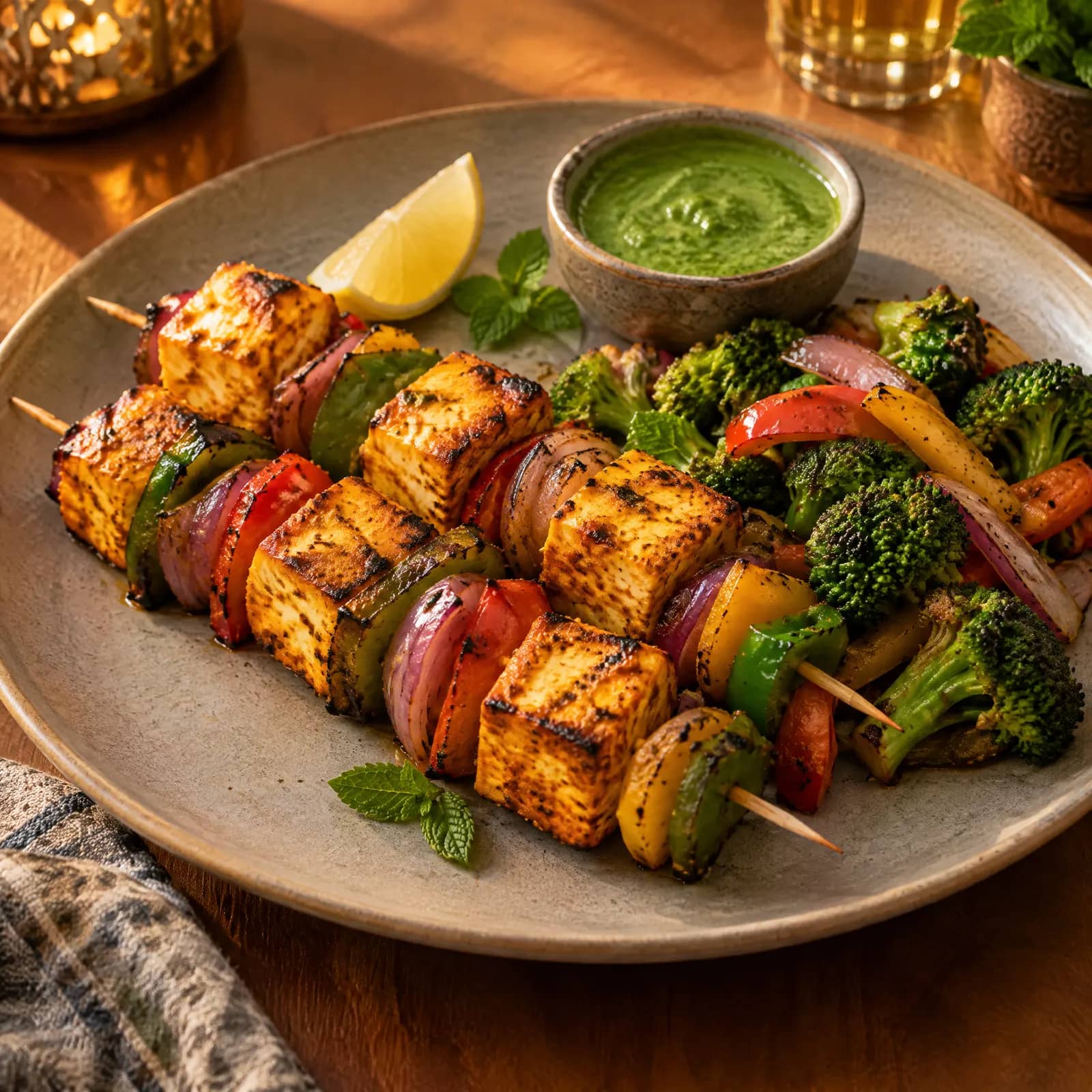 Paneer tikka with grilled vegetables