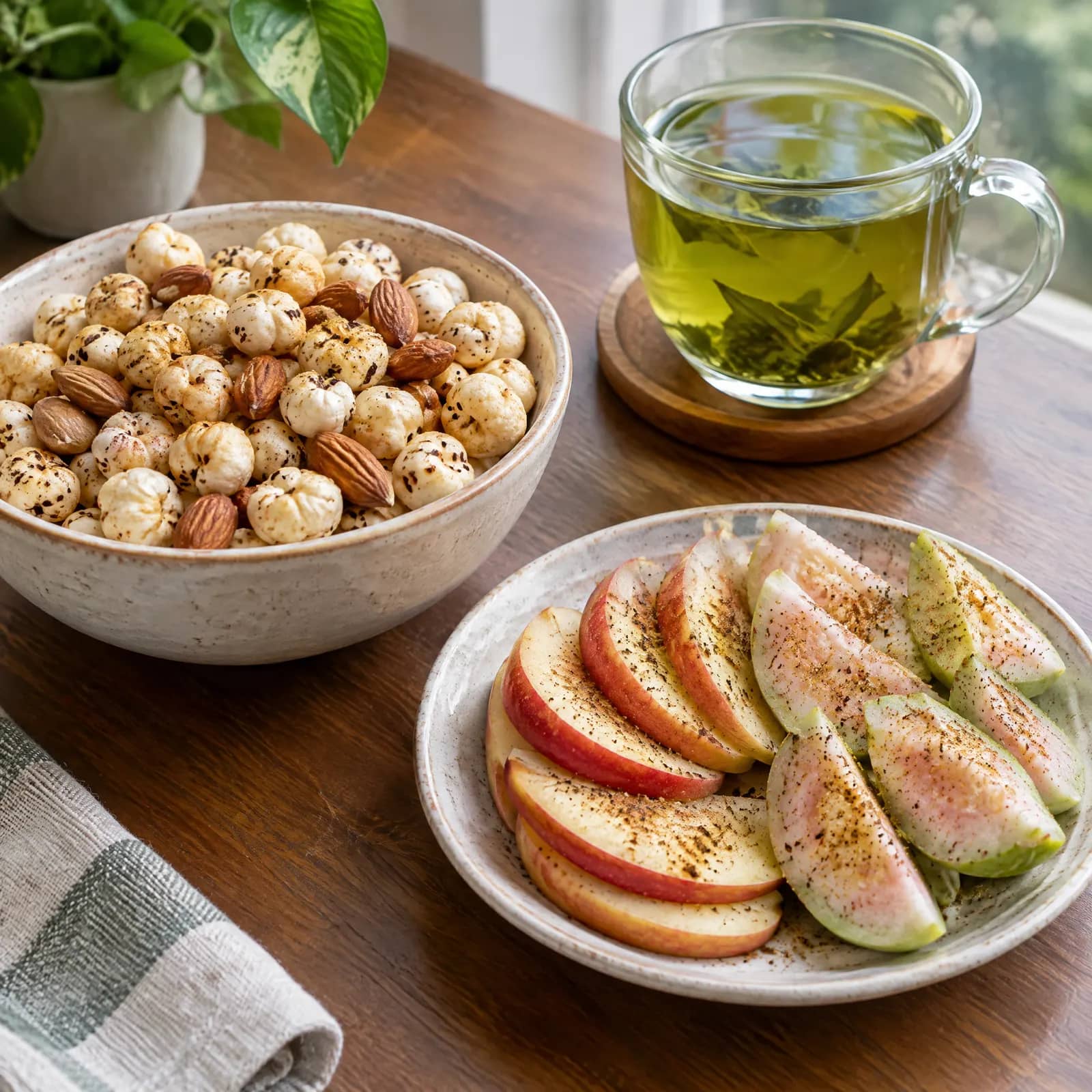 Roasted makhana, fruit chaat, green tea