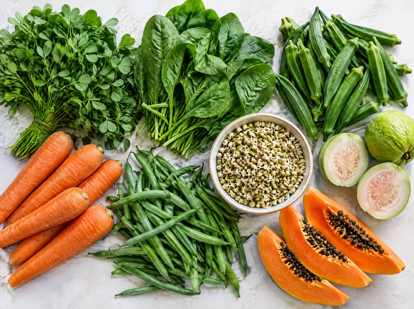 Leafy greens, okra, beans, carrots, papaya and sprouts