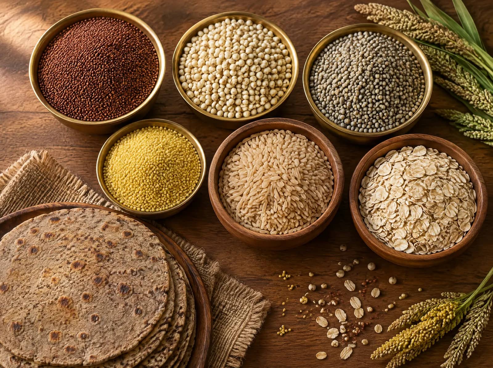 Ragi, jowar, bajra, brown rice and oats with millet rotis