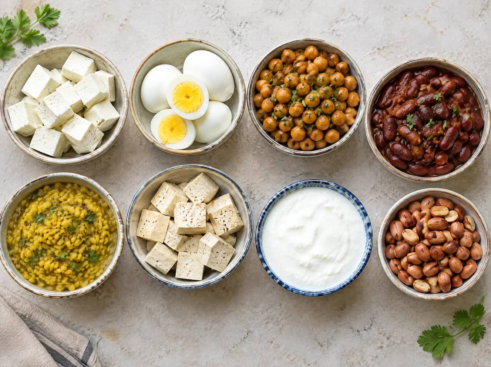 Bowls of paneer, eggs, chana, rajma, dal, tofu, curd and peanuts