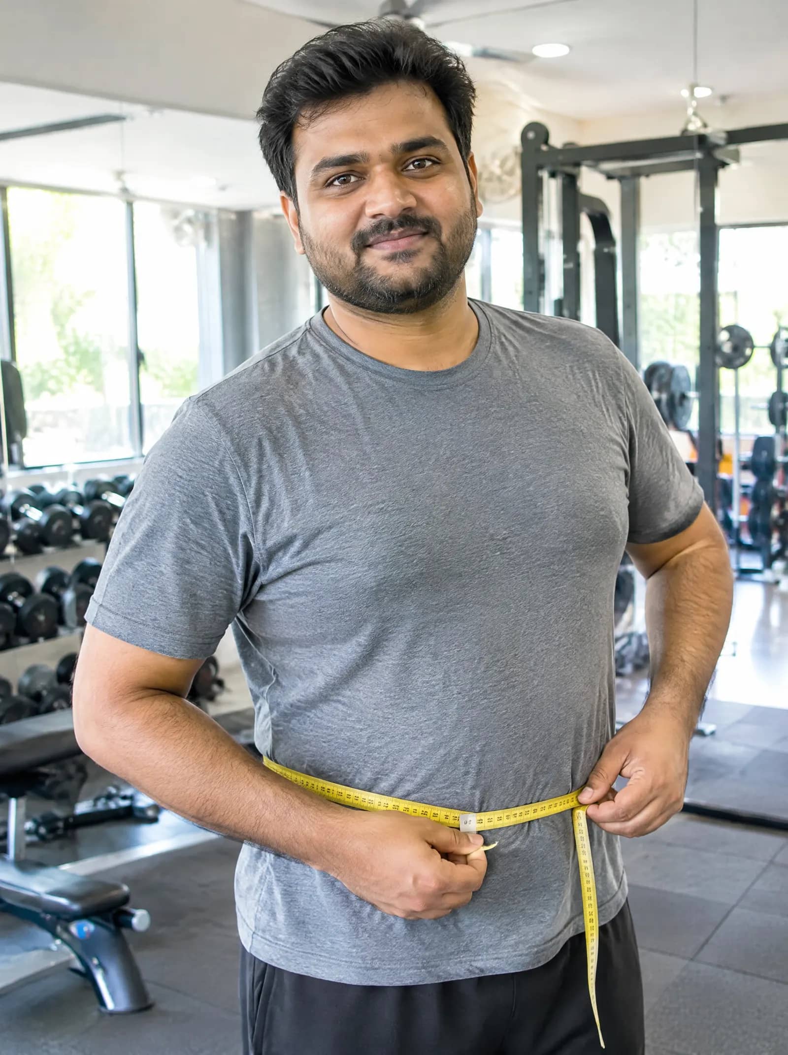 A man measuring his waist with a tape at the start of a fitness challenge