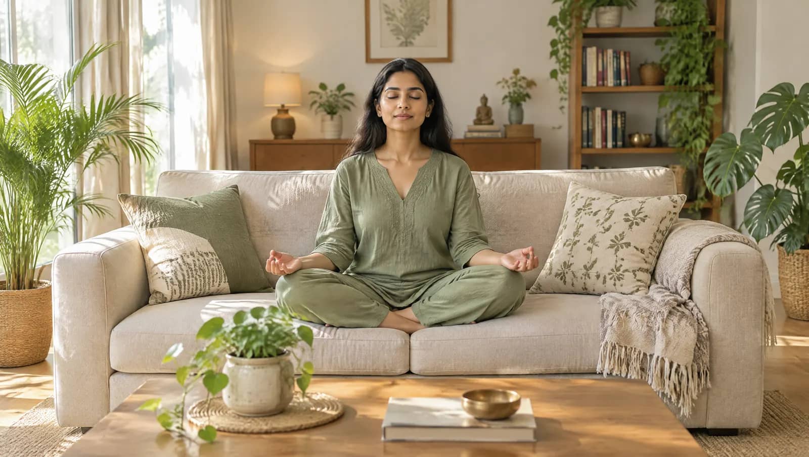 A woman meditating calmly in her living room
