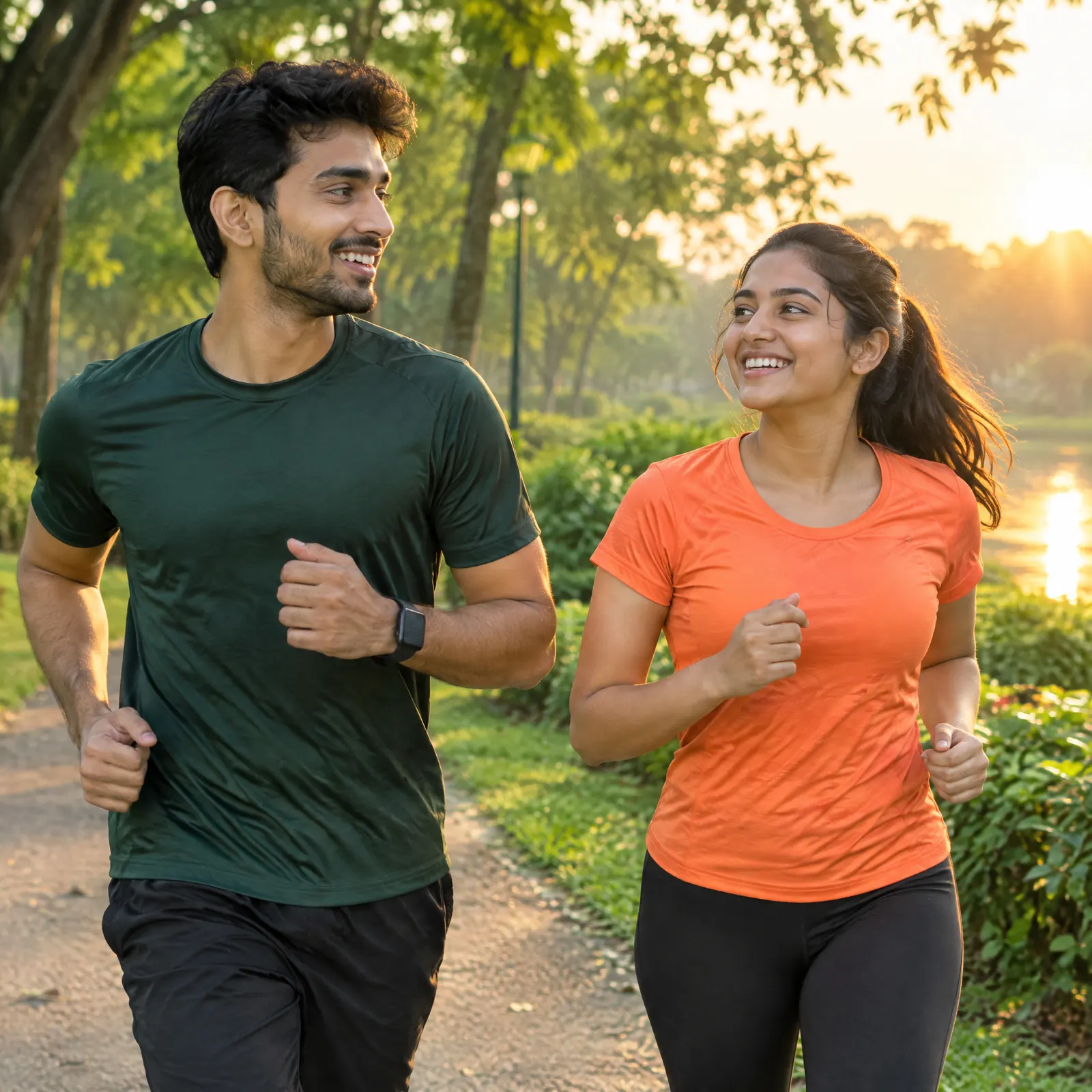 Couple jogging together in a green park at sunrise