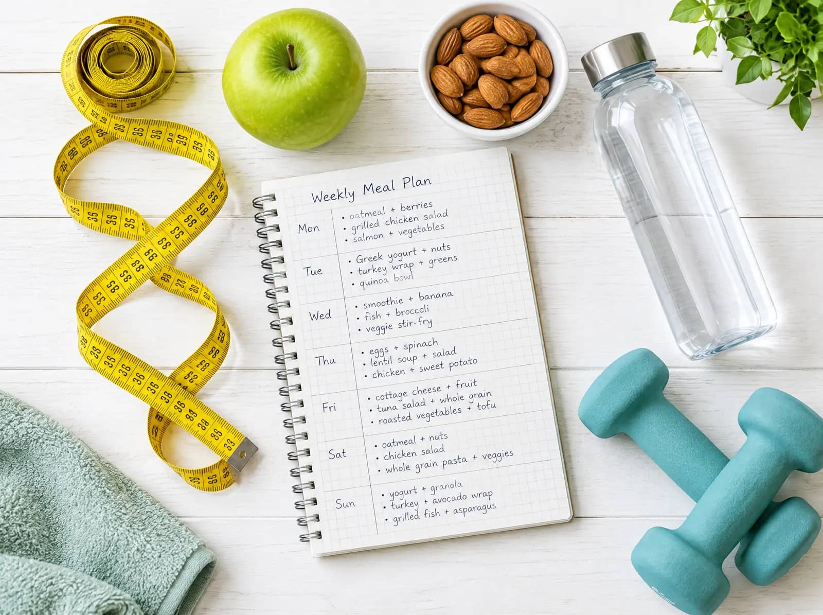 A measuring tape, meal plan notebook, apple, almonds and dumbbells on a table